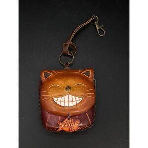3D Leather Kitty Cat With Fish Charm Change Coin Purse Wristlet